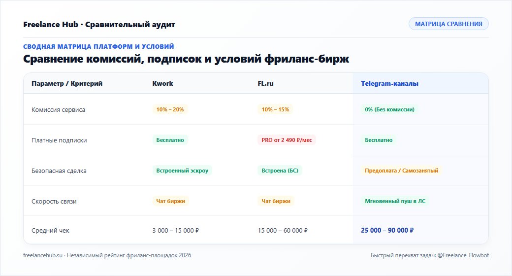 Сравнительная таблица бирж фриланса и условий: комиссии, подписки, безопасность